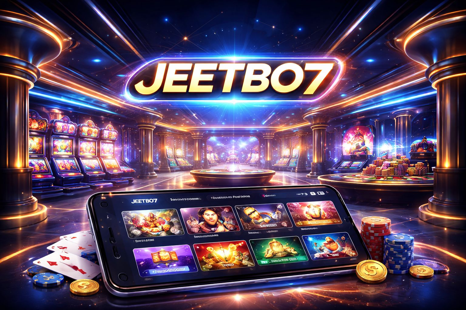 Stylish digital casino scene with glowing JEETBO7 sign, gaming interface and energetic premium atmosphere for Bangladesh players
