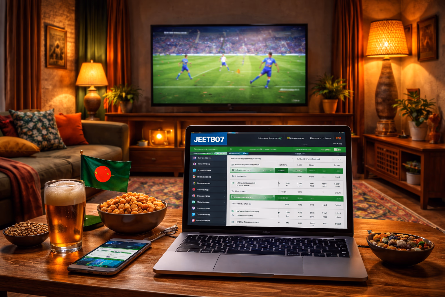 JEETBO7 live betting display on laptop during a cricket match with football markets visible in a cozy Bangladesh home setting