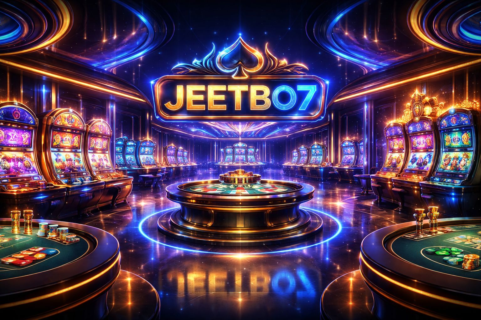 Stylized digital casino lobby with glowing tables, slot reels and JEETBO7 branding created for Bangladesh online play