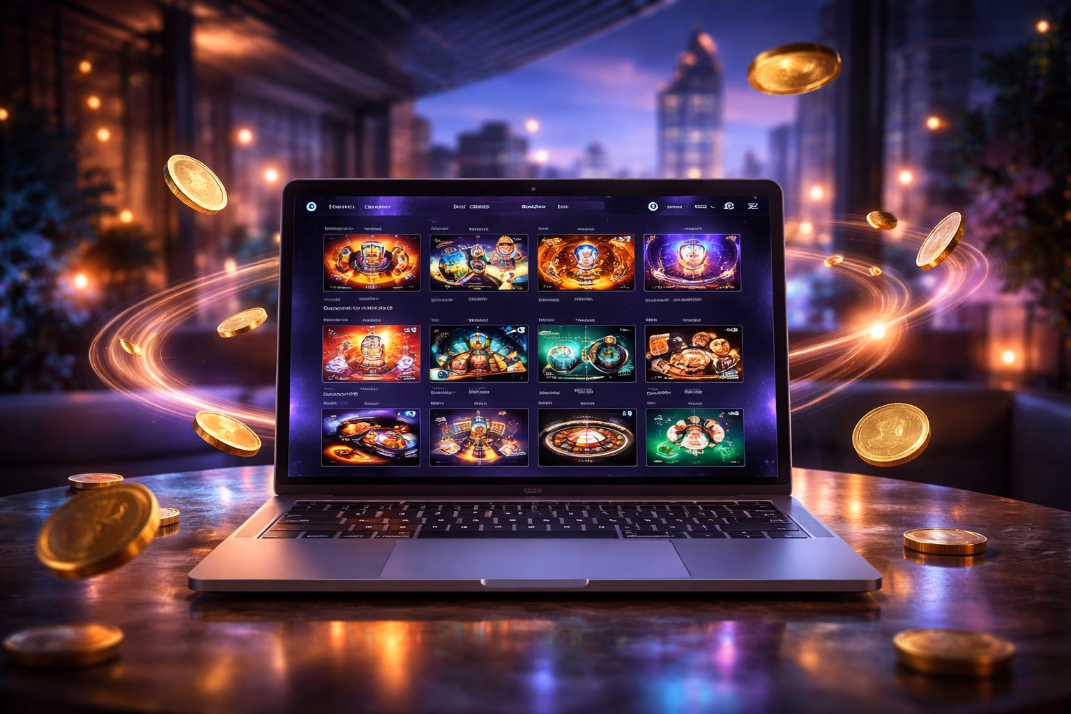 Modern laptop displaying vibrant JEETBO7 game categories with glowing reels, cards and digital casino effects