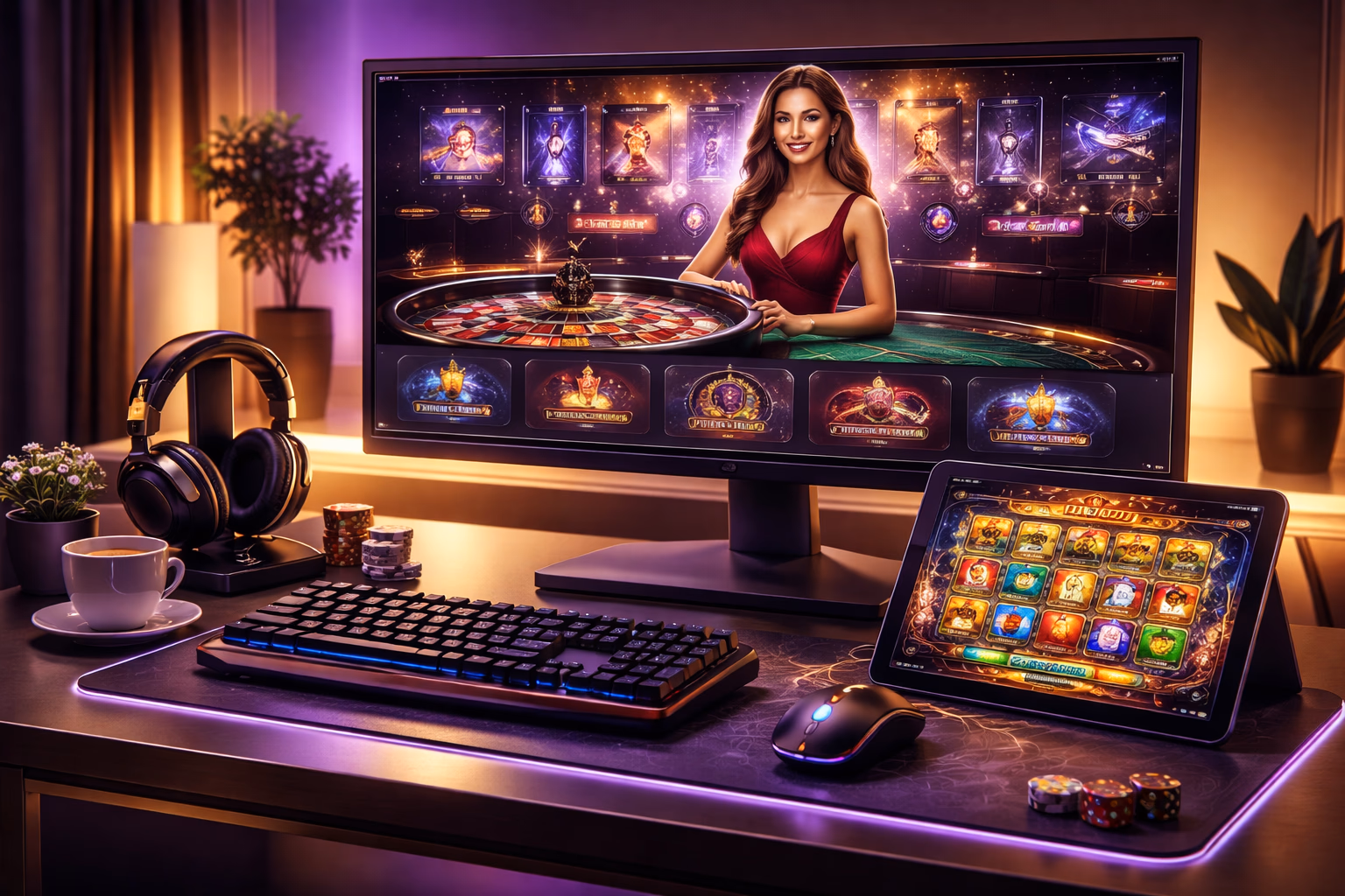 Stylish online gaming setup with JEETBO7 casino interface glowing across a desktop screen in a premium digital environment