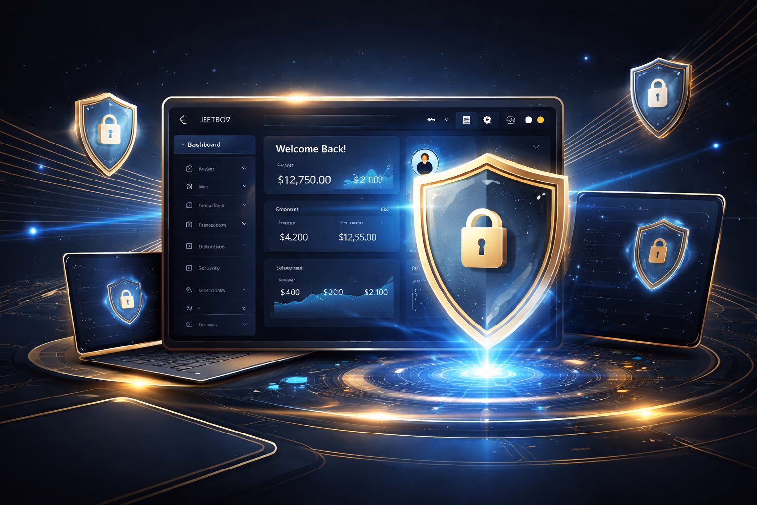 Secure account protection concept with digital shield, mobile sign in panel and premium gaming background for JEETBO7 users