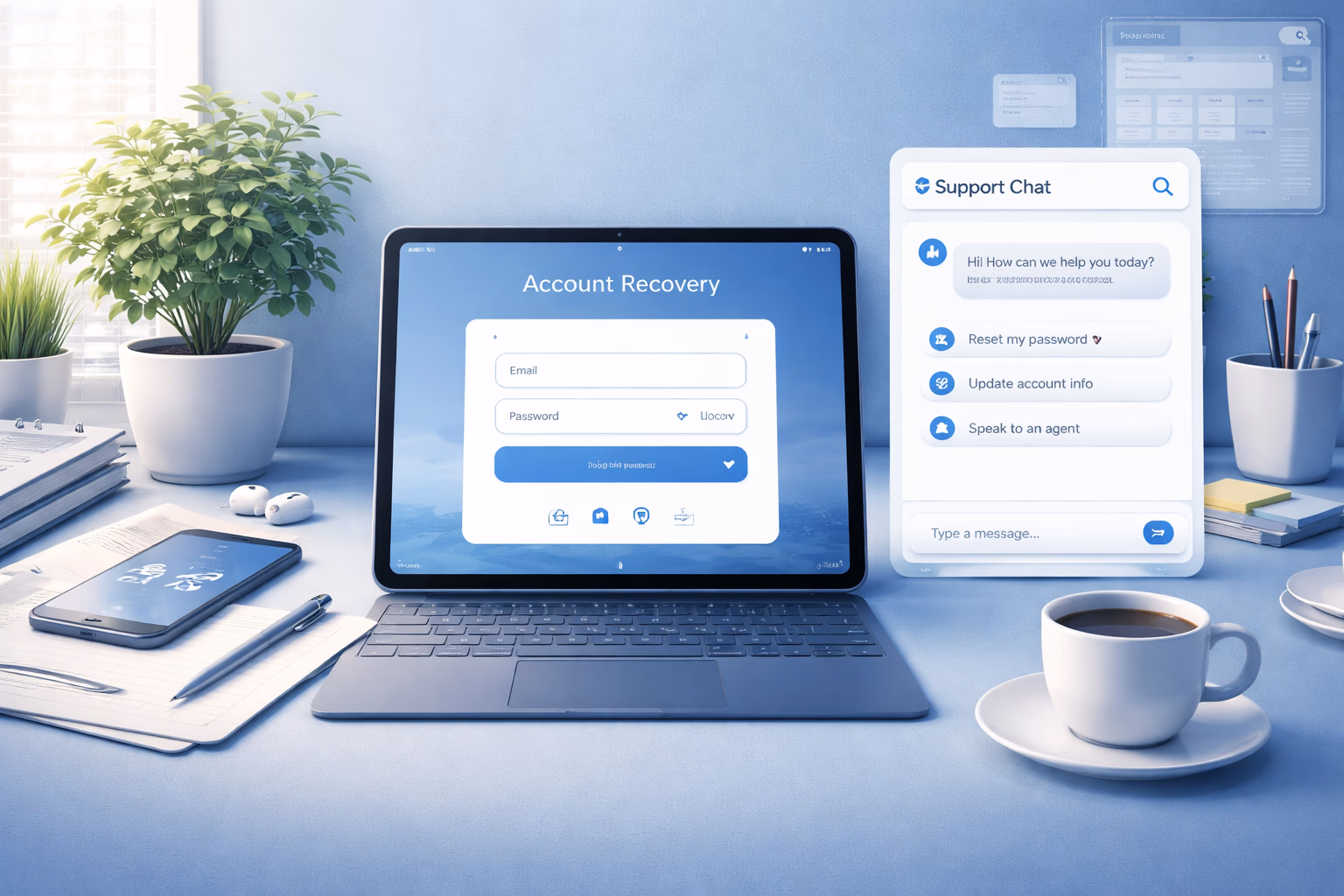Helpful support themed login recovery scene with glowing interface, headset desk setup and reassuring premium colors